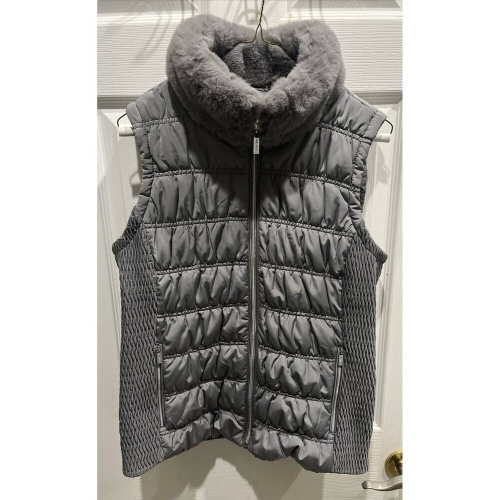 Calvin Klein Faux Fur Collar SZ Small Gray Puffer Vest Stretch Sides Silver Zip